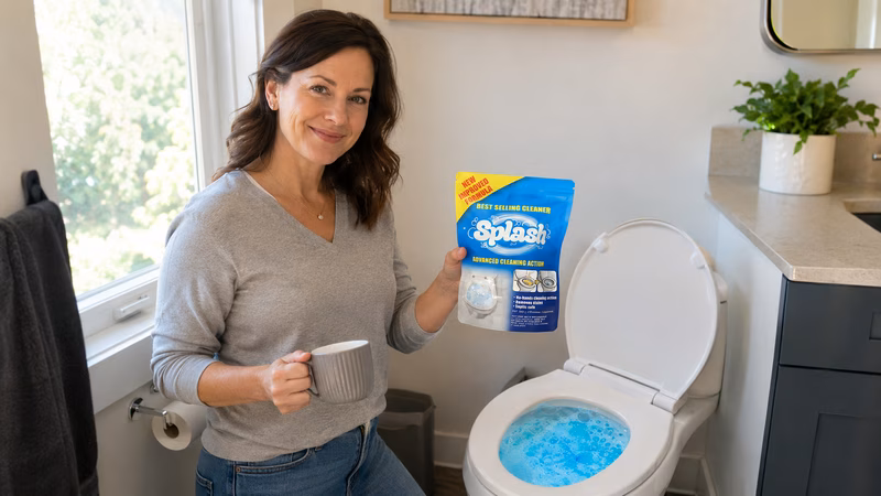 A tired homeowner struggling with traditional household cleaning methods to remove deep tile grout stains.