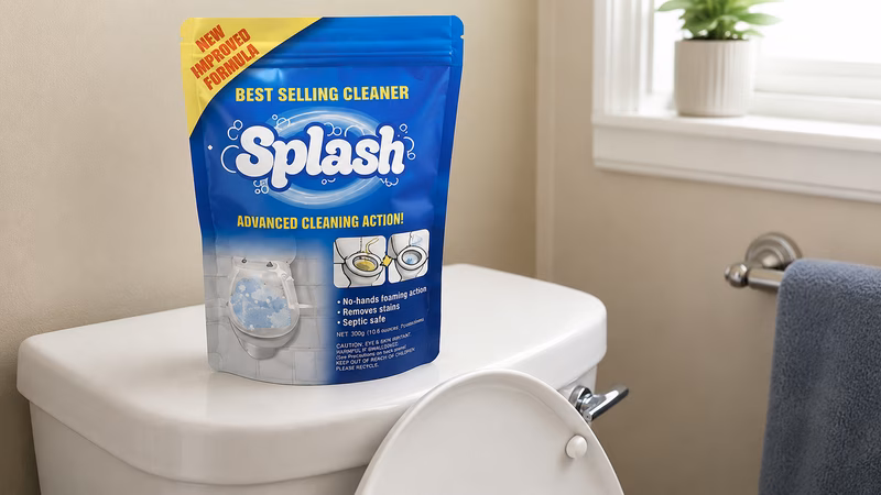 The Splash Foam household cleaning spray bottle showcasing its ergonomic design and powerful foam-generating nozzle.